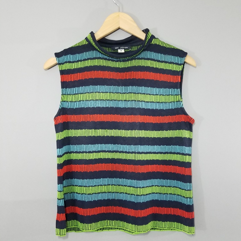 ST JOHN Sleeveless Mock Turtleneck Strip Top